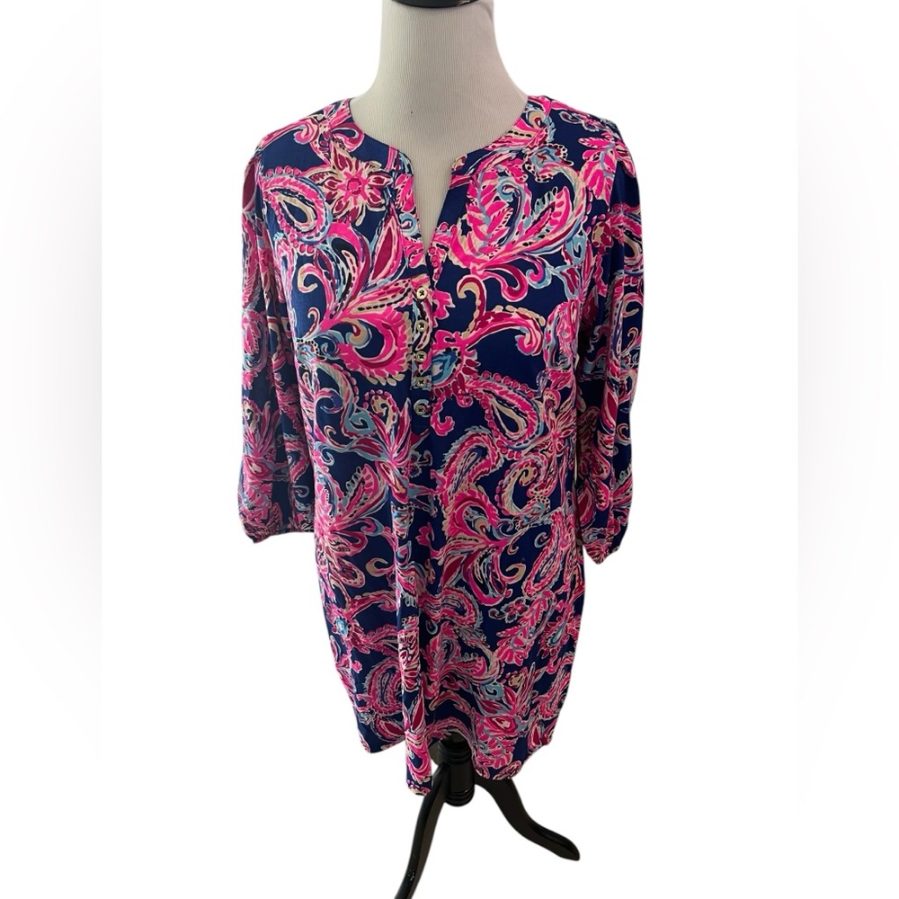 Lilly Pulitzer Navy and Hot Pink Paisley Button-Front Tunic